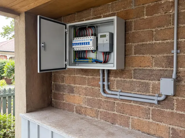 Open electrical switchboard on a brick exterior wall under a covered patio in Lilyfield